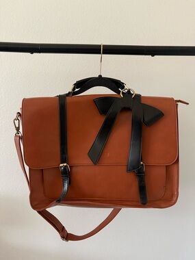 Ecosusi Vegan Leather Satchel Shoulder Bag Briefcase with Black Bow Accent - Tan